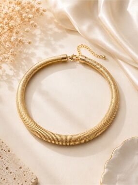 Gold Statement Collar Choker Necklace | Textured Ribbed Gold-Tone Adjustable Nec